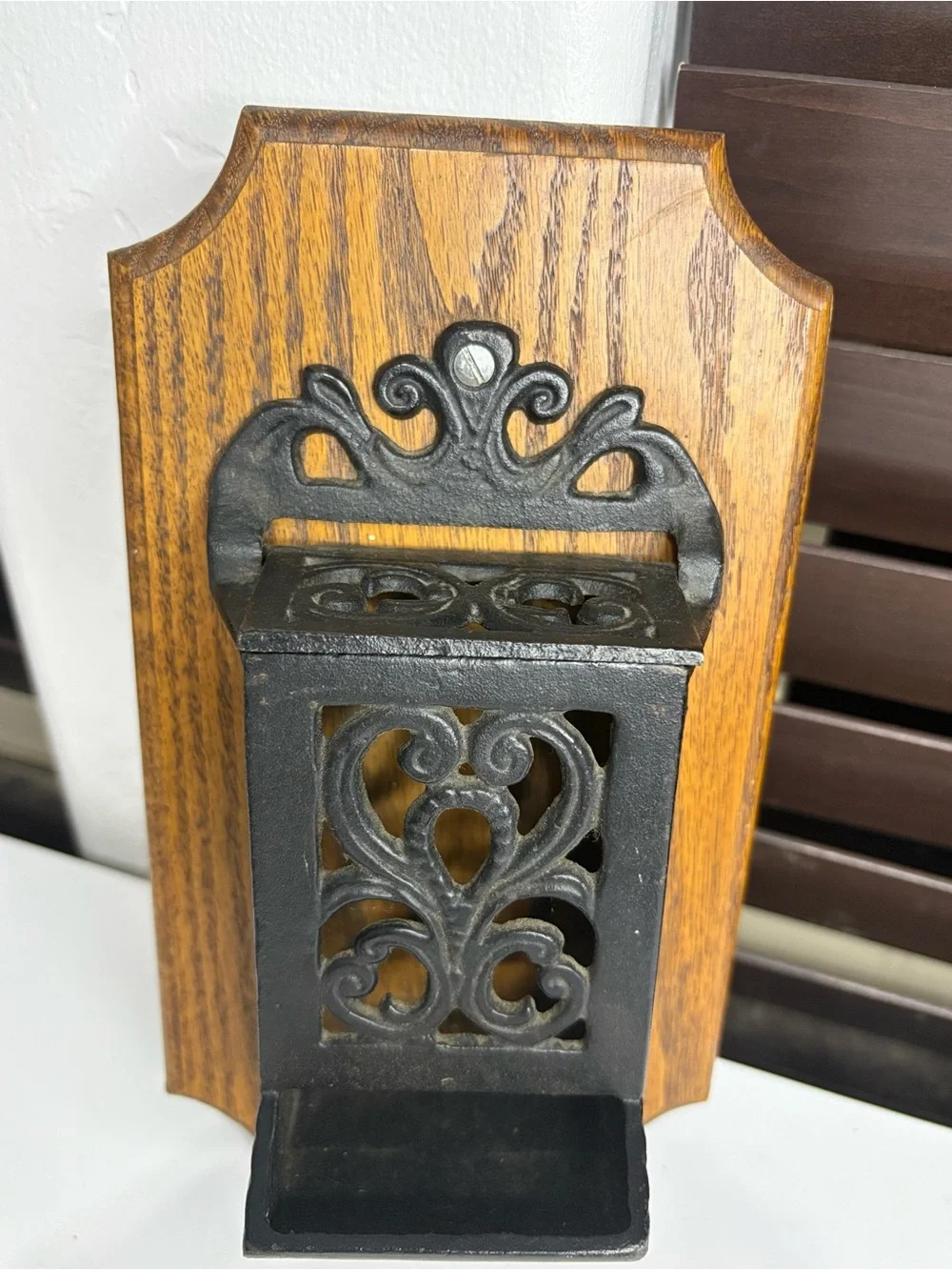Vintage-Style Black Cast Iron Wall Mount matches Holder on Wood - Unbranded